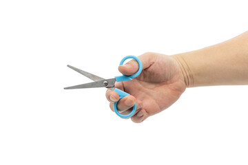 Closeup of hand holding blue scissors isolated on white background