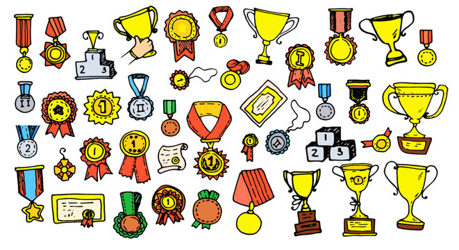 medals and orders with cups in color. a collection of hand-drawn doodles in the style of gold medals for first place and gold cups, for winning in a black outline on white for the design template of s