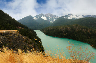 Overview of Diablo Lake in North Cascade National Park of northern Washington state, USA. The Lake is created by Diablo Dam and is located between Ross and Gorge Lake on the Skagit River at 1201 ft.