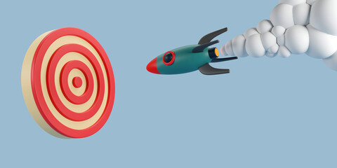 3D rendering of Start up rocket aiming to a red target, power marketing strategy - obrazy, fototapety, plakaty