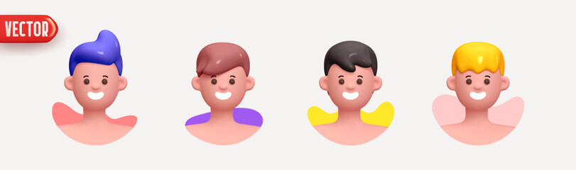 People Avatar Face with smile. Icon user person. Close-up faces of Man and boy with beard. Set of People happy joyful. Realistic 3d design in cartoon style. vector illustration