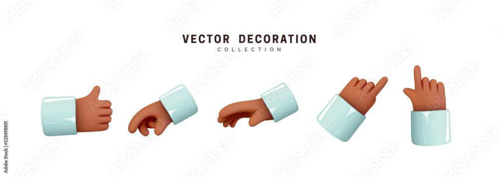 Aufkleber hands set of realistic 3d design in cartoon style. hand shows different gestures signs. vector illus