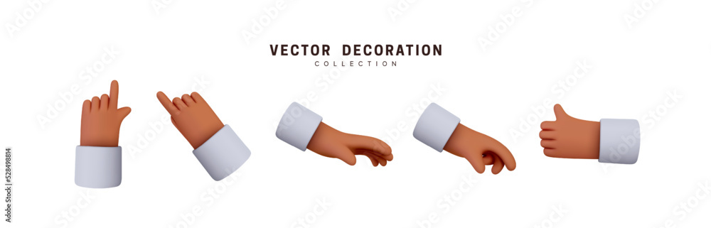 Aufkleber hands set of realistic 3d design in cartoon style. hand shows different gestures signs. vector illus