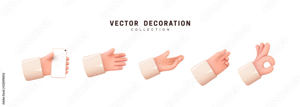 Aufkleber hands set of realistic 3d design in cartoon style. hand shows different gestures signs. vector illus