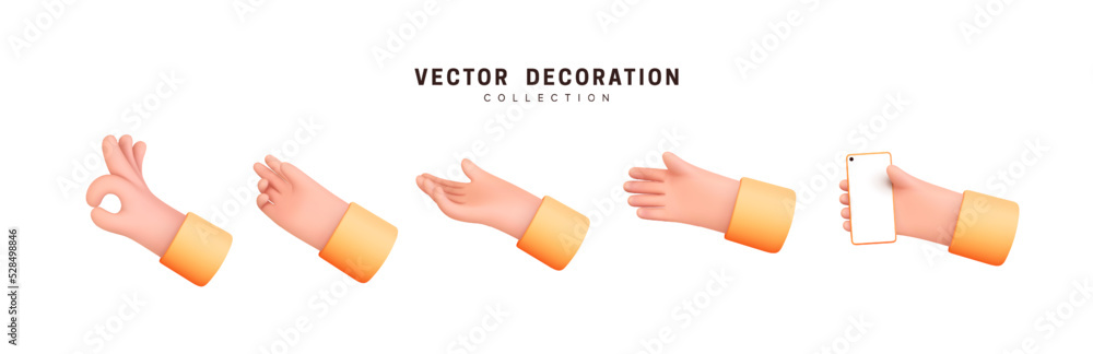 Poster hands set of realistic 3d design in cartoon style. hand shows different gestures signs. vector illus