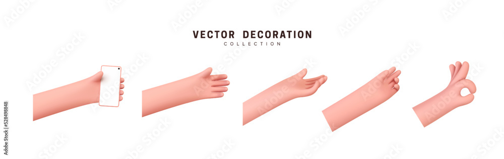 Poster hands set of realistic 3d design in cartoon style. hand shows different gestures signs. vector illus