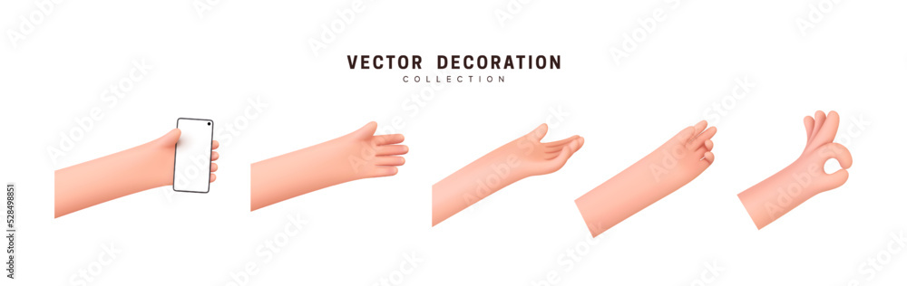 Poster hands set of realistic 3d design in cartoon style. hand shows different gestures signs. vector illus