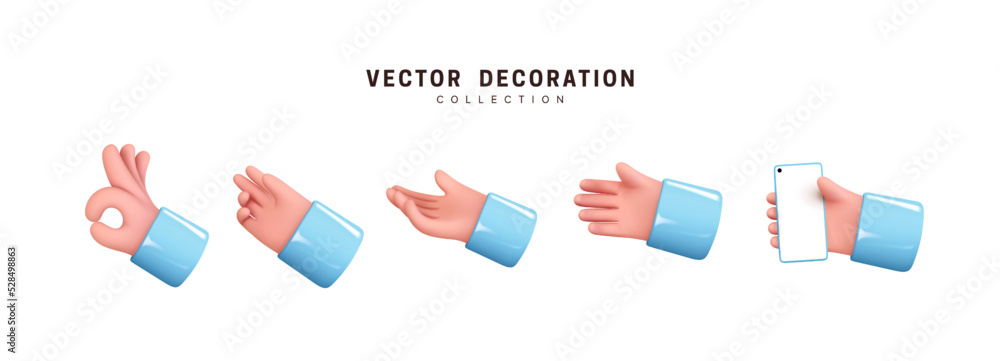 Poster hands set of realistic 3d design in cartoon style. hand shows different gestures signs. vector illus