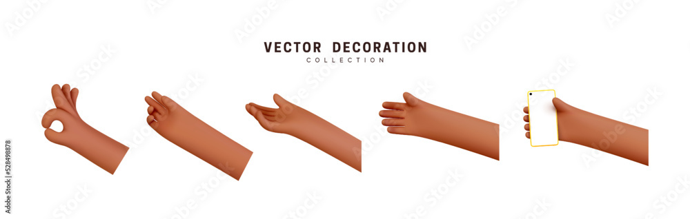 Aufkleber hands set of realistic 3d design in cartoon style. hand shows different gestures signs. vector illus