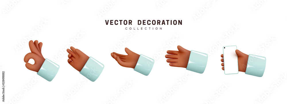 Poster hands set of realistic 3d design in cartoon style. hand shows different gestures signs. vector illus