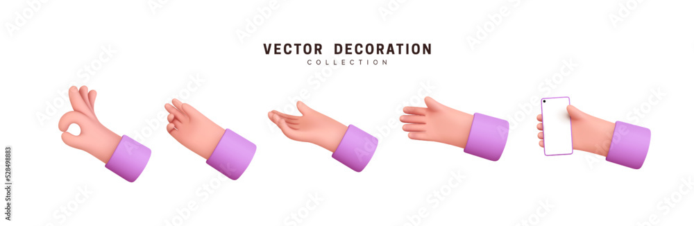 Aufkleber hands set of realistic 3d design in cartoon style. hand shows different gestures signs. vector illus