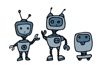Vector set of cartoon robots in a flat style. Hand-drawn cartoon robots in the doodle style, with hands and on wheels with antennas on their heads, androids in gray with a black outline on white for a