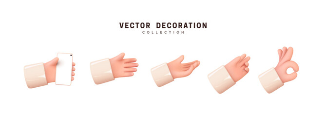 Hands set of realistic 3d design in cartoon style. Hand shows different gestures signs. Vector illustration