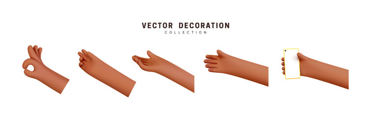 Hands set of realistic 3d design in cartoon style. Hand shows different gestures signs. Vector illustration