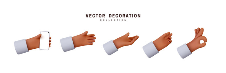 Hands set of realistic 3d design in cartoon style. Hand shows different gestures signs. Vector illustration