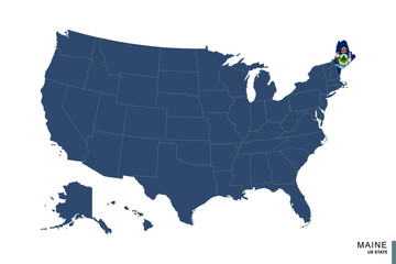 State of Maine on blue map of United States of America. Flag and map of Maine.