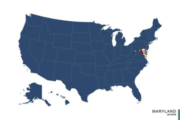 State of Maryland on blue map of United States of America. Flag and map of Maryland.