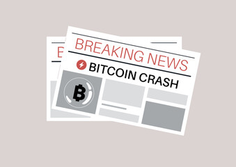 Bitcoin crash headline in a breaking news section of a daily newspaper, cryptocurrency market collapse