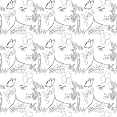 Fototapeta na wymiar A continuous line drawing with a female face, leaves. Vector seamless pattern. Linear background of nature. The concept of fashion, minimalism. Modern design. Abstraction.