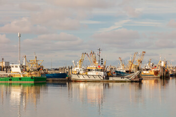 Fototapeta na wymiar Dutch fishing boats during sunset in the harbor of Lauwersoog in Friesland, The Netherlands