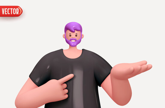 Happy cheerful young man hold open palm arm and points finger up. Young handsome boy wearing casual showing open hand. Realistic cartoon characters. Close up 3d people positive. vector illustration