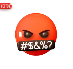 Emoji face symbol over mouth censored gag. Emoticon red glossy color. Realistic 3d design In plastic cartoon style. Icon isolated on white background. Vector illustration