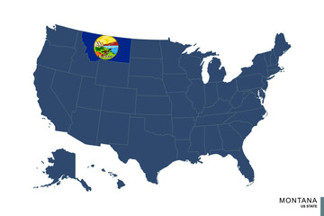 State of Montana on blue map of United States of America. Flag and map of Montana.