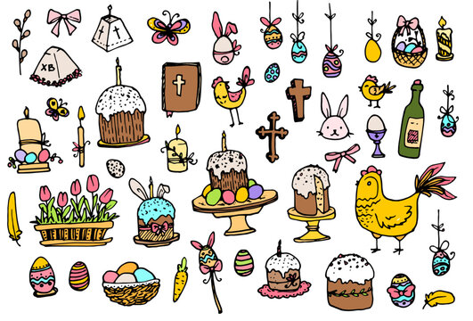 A set of colored doodles for Easter. Hand-drawn collection for the Christian Easter holiday, symbols of food and animals bright flowers yellow and blue for the festive packaging template and labels