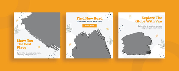 Set of editable templates for Instagram post, Facebook square, holiday, travel, vacation, package trip, fresh design with white yellow colour and minimalist vectors (3/3)