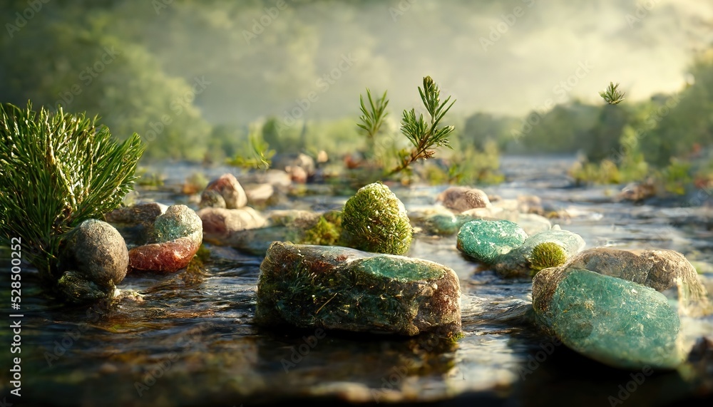 Sticker Summer landscape with a river, a bank of stones, trees and a coniferous forest.