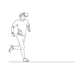 Continuous line drawing of running man wearing virtual reality. Single line art of virtual realty concept - Vector illustration.