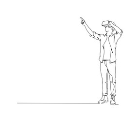 Continuous line drawing of young man wearing virtual reality. Single line art of virtual realty concept - Vector illustration.