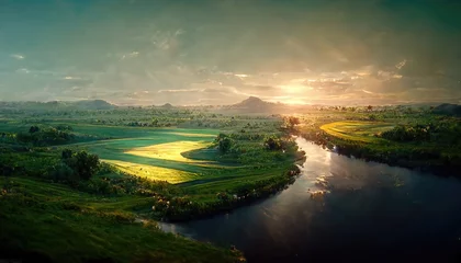 Sommerlandschaft mit einem Fluss bei Sonnenuntergang. Grüne Wiesen unter dem Abendhimmel © Zaleman