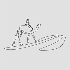 Arab men riding camels line drawing. Continuous one line art. Vector illustration