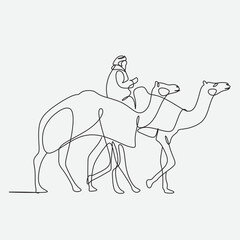 Arab men riding camels line drawing. Continuous one line art. Vector illustration