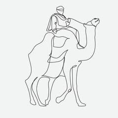 Arab men riding camels line drawing. Continuous one line art. Vector illustration