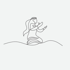 Continuous one line drawing of  arab man. Continuous line drawing of muslim arabic man standing gesture. Single line art ramadan kareem and ied mubarak greeting card. Vector illustration.