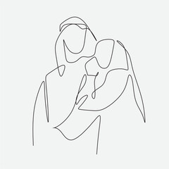 Continuous one line drawing of young Arabian family. Happy Islamic muslim parenting family concept. Single line graphic draw design vector illustration