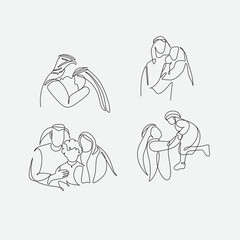 Continuous one line drawing of young Arabian family. Happy Islamic muslim parenting family concept. Single line graphic draw design vector illustration