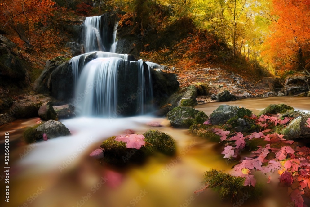Poster waterfall in the autumn forest. river under the rays of light