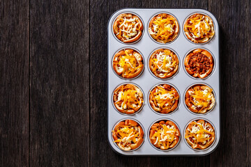 sloppy joe cups in muffin tin, top view