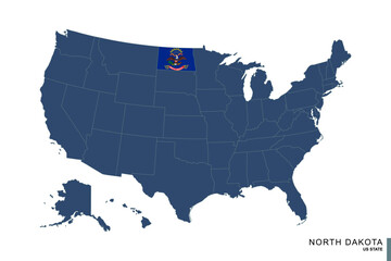 State of North Dakota on blue map of United States of America. Flag and map of North Dakota.