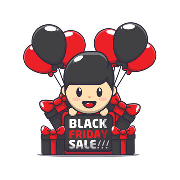 cute boy in black friday sale cartoon mascot illustration