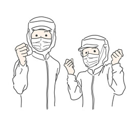 白衣とマスクを着用してガッツポーズずる若いスタッフ　給食センター　食品工場　食品加工　ホワイト