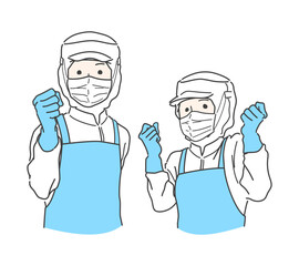 白衣・マスク・エプロンを着てガッツポーズずる若いスタッフ　給食センター　食品工場　食品加工　ホワイト