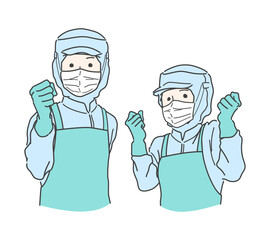 白衣・マスク・エプロンを着てガッツポーズずる若いスタッフ　給食センター　食品工場　食品加工　ブルー