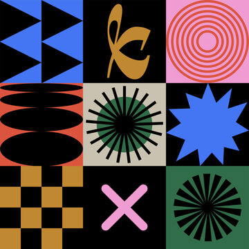 Vector seamless patterns with different geometric shapes and elements. Brutalist design icons and signs. Basic forms.