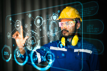 Concept Caucasian factory man using virtualization graphics motion interface artificial intelligence control for industrial driving.