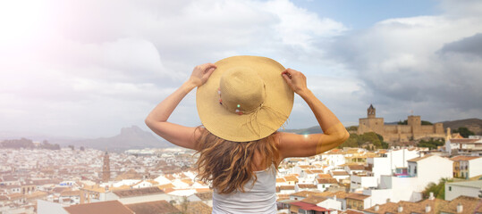Woman looking at panoramic view of Antequera- Andalusia in Spain - obrazy, fototapety, plakaty
