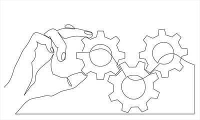continuous one single line drawing of hand holding gears, tech development, engineering, technology